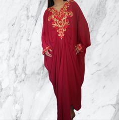 Welcome to our Shop, Gold Embroidery Women Plus Kaftan Abaya Dark Grey, Red, Maxi Dress Long Dress UK 8 10 12 14 16 18 20 22 24 26 US S-XXXXL Chiffon sheer fabric and its not come with the inner dress. Batwing style tunic, it has broidery lace on the waistline, neckline, and sleeves . it has inner skinny  tie to create fit shape of your body size. length from top shoulder to hem front dress approx 56 inch length from top shoulder to hem back dress approx 53 inch Length from shoulder to arm approx 22.5 inch Made to fit UK Size 6 to 20, US Size Small to XXXL Came in Red, Dark Red, Navy Blue, Grey, Pink  Garment Care 30 degrees wash  Return is acceptable as long as item in original condition Colour on the photo might slightly different due to the picture quality, Kaftan is see through and it Eid V-neck Dress With Dabka Work, Traditional V-neck Dress With Dabka Detailing, Elegant Red Kaftan With Traditional Drape, V-neck Dresses With Dabka Work For Eid, Red Embroidered Long Sleeve Gown, Festive Red Kaftan With Dabka Work, Red Dabka Work Kaftan For Eid, Red Floor-length Dabka Kaftan, Eid Dabka Work V-neck Dress