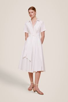 Megan Short Sleeve Tie-Front Midi Dress - Toccin Formal Button-up Midi Dress With Tie Waist, Elegant Midi Dress With Tie Fastening, Spring Short Sleeve Shirt Dress With Tie Fastening, Short Sleeve Shirt Dress With Tie Fastening For Spring, White Short Sleeve Shirt Dress For Work, Chic Fitted Shirt Dress With Tie Fastening, Formal Collared Midi Dress With Tie Waist, Spring Office Dresses With Tie Fastening, Fitted Shirt Dress With Tie Fastening For Daywear