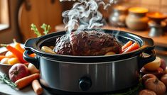 a roasting pot filled with meat and vegetables on a table next to other foods