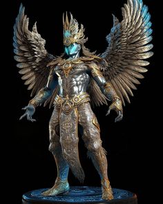 a statue of an angel standing on top of a blue and gold base with wings