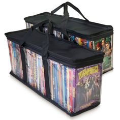 two large storage bags filled with dvd's