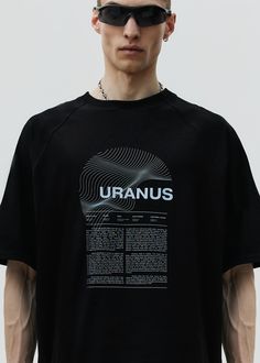 Oversized unisex t-shirt. Features a unique print in URANUS edition. Made with high quality materials. Material: 95% cotton, 5% elastane Model wears: L sizeModels height: 187 cm Black Graphic Techwear Top, Black Techwear Top With Graphic Design, Techwear Crew Neck T-shirt With Letter Print, Relaxed Fit Techwear T-shirt With Graphic Print, Techwear Crew Neck Graphic Print T-shirt, Techwear Crew Neck T-shirt With Graphic Print, Crew Neck Techwear T-shirt With Graphic Print, Techwear Graphic Print Crew Neck T-shirt, Techwear Graphic Print Short Sleeve T-shirt