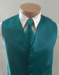 Mens Vest Teal Blue Smooth Satin And covered buttons Vest Comes With Matching Tie And Pocket Square Mens Formal Vest, Colorful Vest, Formal Vest, Vest And Tie, Themed Weddings, Tie Men's, Mens Vests, Mens Formal, Vest Outfits