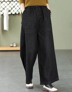 Autumn Simple Wide Leg Denim Pants — Obiono Casual Solid Jeans For Fall, Casual Wide Leg Bottoms For Fall, Baggy High Waist Casual Jeans, Casual Dark Wash Pants For Fall, Casual Cropped Leg Denim Blue Pants, Casual Summer Jeans With Elastic Waistband, Casual Dark Wash Relaxed Fit Bottoms, Black Straight Leg Jeans For Summer, Black Jeans With Elastic Waistband For Fall