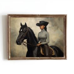 a painting of a woman on a horse in a white shirt and black cowboy hat