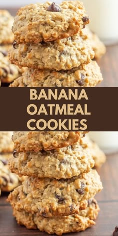 banana oatmeal cookies stacked on top of each other with chocolate chips and milk in the background