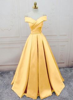 Charming Satin Long Party Dress, Off the Shoulder Formal Dresses – BeMyBridesmaid Gold A-line Fitted Evening Dress, Yellow Dress With Fitted Bodice For Banquet, Yellow Dresses With Fitted Bodice For Banquet, Yellow Dresses With Fitted Bodice For Banquets, Elegant Yellow Ball Gown Dress, Fitted Yellow Gown For Banquet, Fitted Yellow Dress With Sweep Train, Yellow Gown For Banquet And Prom Season, Yellow Gown For Banquet During Prom Season