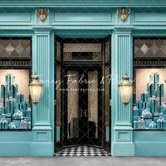 the entrance to a store with blue and white decorations