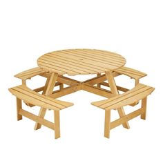 a wooden picnic table with two benches on each side and one bench at the end