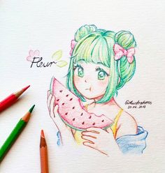 a drawing of a girl holding a piece of watermelon