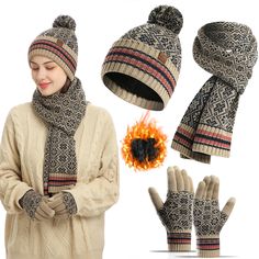 PRICES MAY VARY. 【Warm three-piece suit 】Hat Glove Scarf Set is Superior Acrylic Knit and Thicker Lining Gives Super Soft Skin Touch, Cozy, Skin-Friendly and Warmth. 【Fashion Classic】Knitted Snowflake Pattern design Makes the Set of Beanie Neck Gaiter Gloves Classical and Easy to Match Your Clothing. 【Touch Screen Gloves】Commonly used three fingers The material of the fingers are made of highly sensitive conductive material, and you can use it on touch screen devices with gloves (including but n Warm Hats For Winter Outdoor Activities, Warm Winter Hat For Outdoor Activities, Winter Windproof Beanie One Size, Winter Sports Knitted Beanie, Warm Beanie For Winter Outdoor Activities, Warm Beanie For Outdoor Winter Activities, Warm Beanie For Winter Sports, Knitted Hats For Winter Outdoor Activities, Knitted Winter Hat For Outdoor Activities