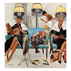 an old fashion magazine cover with people sitting on a blue couch and two lamps above them