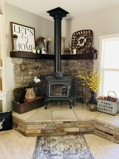 a living room with a wood burning stove