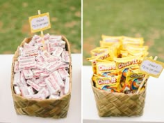 a basket filled with candy sitting on top of a table next to another basket full of candy