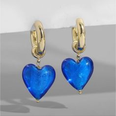 Brand New Pet Free Smoke Free Blue Glass Heart Earrings With Gold Plated Stainless Steel Hoops Bundle & Save Reasonable Offers Accepted Happy Shopping 60s Earrings, Peridot Dangle Earrings, Peace Earrings, Vintage Statement Earrings, Ear Chain, Bronze Earrings, Handmade Heart, Onyx Earrings, Hanging Earrings