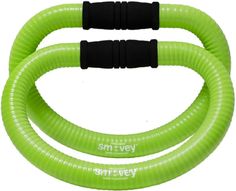 two neon green hoses with black handles