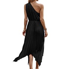 Black One Shoulder Irregular Pleat Casual Dress Black One-shoulder Maxi Dress For Summer, Pleated Asymmetrical Hem Dress For Night Out, Pleated Dress With Asymmetrical Hem For Night Out, Black Pleated Asymmetrical Dress, Black One-shoulder Evening Dress For Spring, Black One-shoulder Mini Dress For Spring, Summer Evening Black Asymmetrical Dress, Asymmetrical Pleated One Shoulder Summer Dress, Black Asymmetrical Hem Summer Dress