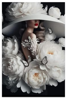 a woman with white flowers and butterflies on her head is surrounded by large white peonies