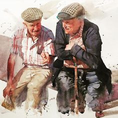 two men sitting next to each other in front of a wall with watercolor on it