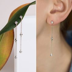 Dangle Earrings, Gold Earrings, Dainty Earrings, Long Dangle Earrings DETAILS & MEASUREMENTS - .925 Sterling Silver / 14K Gold Vermeil / 14K Rose Gold Vermeil - Cubic Zirconia crystal - Earring Length 2 1/2 in | 6.3 cm x Width 3 mm Elegant Drop Earrings With Dangling Charms, Elegant Linear Earrings With Dangling Charms As Gift, Elegant Linear Earrings With Dangling Charms, Elegant Linear Earrings With Dangling Charms For Gift, White Gold Dangle Threader Earrings, Modern Sterling Silver Earrings With Dangling Charms, Dainty White Gold Dangle Linear Earrings, Elegant White Gold Earrings With Dangling Charms, Classic Single Crystal Dangle Earring