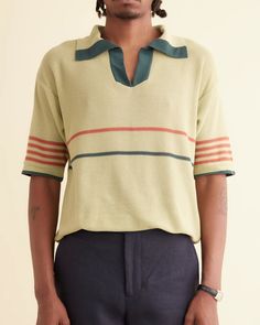 Palmer Polo – BODE Striped Cotton Polo Sweater, Cotton Polo Sweater With Contrast Stripes, Green Cotton Short Sleeve Polo Sweater, Classic Green Polo Collar Sweater, Green Polo Collar Top With Contrast Stripes, Retro Short Sleeve Cotton Polo Sweater, Green Collared Knit Top, Green Knit Collared Tops, Retro Knit Polo Sweater With Ribbed Collar