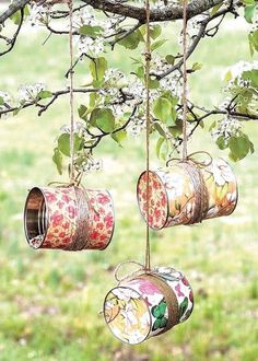 three tin cans hanging from a tree branch