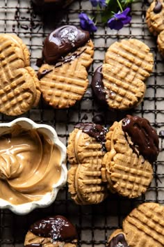 peanut butter and chocolate covered waffles on a cooling rack