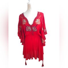 Linjia Shop Woman's Red Boho Floral Embroidered Tunic Dress Size M Nwot Size Medium Please See Sizing Chart In The Picture Section For The Measurements Approx 29" Length Floral Embroidery Cinched Waist Ties At Each Side Of Dress Split Bell Sleeves Smoke Free Home No Flaws Pet Friendly Home Festive Flowy V-neck Dress, Summer Festive Kaftan With Embroidered Neckline, Embroidered Neckline Kaftan For Summer Festivities, Flowy V-neck Embroidered Dress, Traditional V-neck Dress With Embroidered Neckline, Summer V-neck Embroidered Dress For Festive Occasions, Traditional V-neck Embroidered Dress, Festive V-neck Dress With Embroidered Neckline, Embroidered V-neck Festival Dress