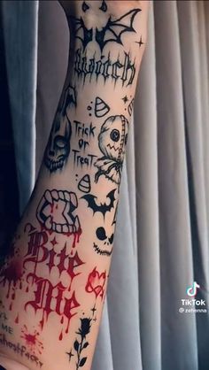 Knee High Tattoos, Bailey Illustration Tattoo, Double Trouble Matching Tattoos, Halloween Hand Tattoo Ideas, Spooky Throat Tattoo, Lots Of Small Tattoos Arm, Hawkhatesyou Tattoos, Hand Tattoos Halloween, Tattoos For Alcoholics