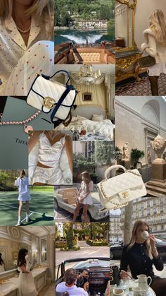 the collage shows many different pictures including women in dresses and purses, coffee cups, teapots, chandeliers, shoes, and jewelry