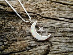 "Sterling Silver Crescent Moon and Star WHITE Opal Necklace Minimalist Necklace / Dainty Necklace Your choice of 16\" or 18\" Sterling Silver Box Chain with Lobster Clasp .925 Sterling Silver  Perfect Gift for 10th or Sweet 16 Birthday! Measurements For Moon & Star Pendant:  Height: 23.5mm (0.9\") Width: 14mm (0.6\") Ships in a silver pendant box lined with a black velveteen foam insert, ready for giving!" White Star-shaped Jewelry For Wedding, Star-shaped White Wedding Jewelry, White Crescent Spiritual Jewelry, White Star-shaped Wedding Jewelry, White Moon Shaped Celestial Jewelry, White Moon-shaped Celestial Jewelry, White Celestial Moon Jewelry, Moon Shaped White Necklace For Gift, White Moon Shaped Necklace For Gift