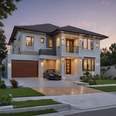 a car is parked in front of a two story house at dusk with lights on