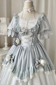 White And Blue Floral Bowknot Design Elegant Princess One Piece Blue And White Outfits, Flower Language, Shopping Link, Op Dress, Classic Lolita, Dresses Royal, Kawaii Dress, Sweet Lolita, Lolita Dress