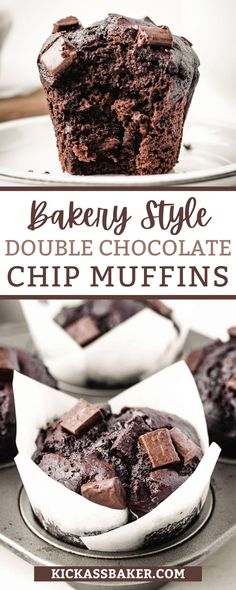 two chocolate muffins sitting on top of each other with the words, bakery style double chocolate chip muffins