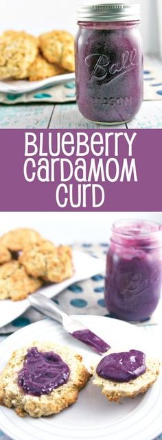 blueberry cardamom curd in a mason jar with cookies on the side