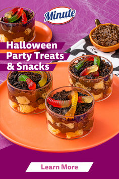 halloween party treats and snacks on an orange plate with the title'miniat halloween party treats & snacks learn more '