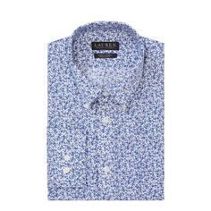 Lauren Ralph Lauren Blue Reg Print Blue Slim Fit Dress Shirt For Summer, Blue Slim Fit Top For Spring, Slim Fit Blue Tops For Spring, Fitted Light Blue Dress Shirt For Spring, Casual White Dress Shirt For Spring, Classic Floral Print Spring Tops, Classic Floral Print Tops For Spring, Blue Fitted Cotton Dress Shirt, Light Blue Long Sleeve Shirt With Floral Print