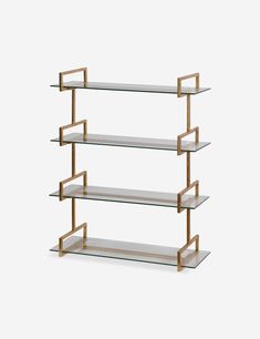 three tiered glass shelf with wooden legs and shelves on each side, against a white background