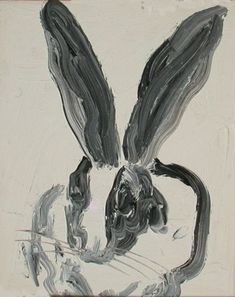 an abstract painting with black and white lines in the shape of a rabbit's head