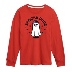 He'll look spooktacular in this boys' Spooky Dude Long Sleeve Tee. FEATURES Crewneck Long sleevesFABRIC & CARE Solid colors: cotton; Heather colors: cotton, polyester Machine wash Imported Size: Medium. Color: Red. Gender: male. Age Group: kids. Pattern: graphic. Material: Polyester|Cotton. Red Long Sleeve T-shirt With Cartoon Print, Red Long Sleeve Top For Halloween, Red Long Sleeve Tops For Halloween, Red Long Sleeve T-shirt For Halloween, Fun Red Tops For Fall, Spooky Long Sleeve T-shirt For Winter, Red Long-sleeve T-shirt With Cartoon Print, Long Sleeve Graphic Tee, Graphic Material