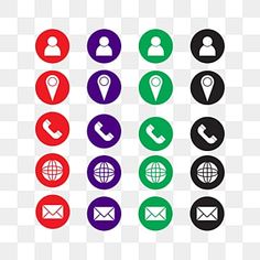 different colored icons on a white background, including phone, map, globe and telephone