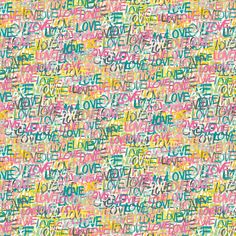 the word love is written in many different colors and sizes, including pink, green, yellow