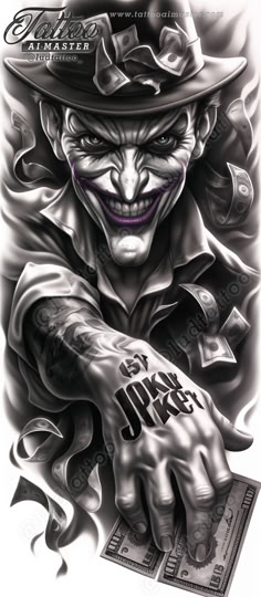 a drawing of a joker with money in his hand and the words ink on it