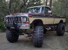 a brown and white truck is parked in the woods