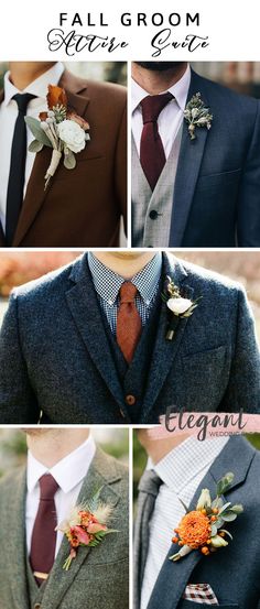 four different pictures of men's suits with flowers on the lapel and tie