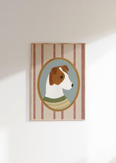 a brown and white dog is in a blue circle on a striped wall hanging above a bed