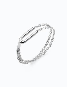 All for you. This dual chain link sterling silver bracelet features and U shaped element to lock the piece together for easy wear. Perfect for layering. ¶ White Silver Acute Angle, Lock Bracelet, Contemporary Bracelets, Roller Chain, Star Dust, Link Earrings, Geometric Jewelry, Fine Jewelry Designers, Contemporary Jewelry