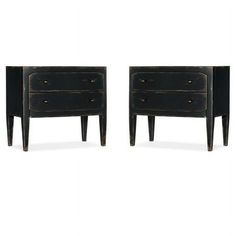 a pair of black nightstands with drawers on one side and an open drawer on the other