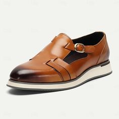 Elegant Brown Monk Strap Slip-on Shoes, Brown Leather Lined Closed Toe Slip-ons, Brown Flat Oxfords For Formal Occasions, Brown Round Toe Dress Shoes For Summer, Modern Brown Almond Toe Slip-ons, Summer Brown Loafers With Leather Sole, Brown Leather Sole Loafers For Summer, Brown Leather Sole Summer Loafers, Brown Brogue Leather Shoes