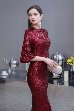 Cocktail Dress Sleeves, Affordable Evening Dresses, Burgundy Prom, Dress Sleeves, Prom Dresses With Pockets, Evening Dresses Online, Floor Length Prom Dresses, Sequin Prom Dress, Sequin Evening Dresses